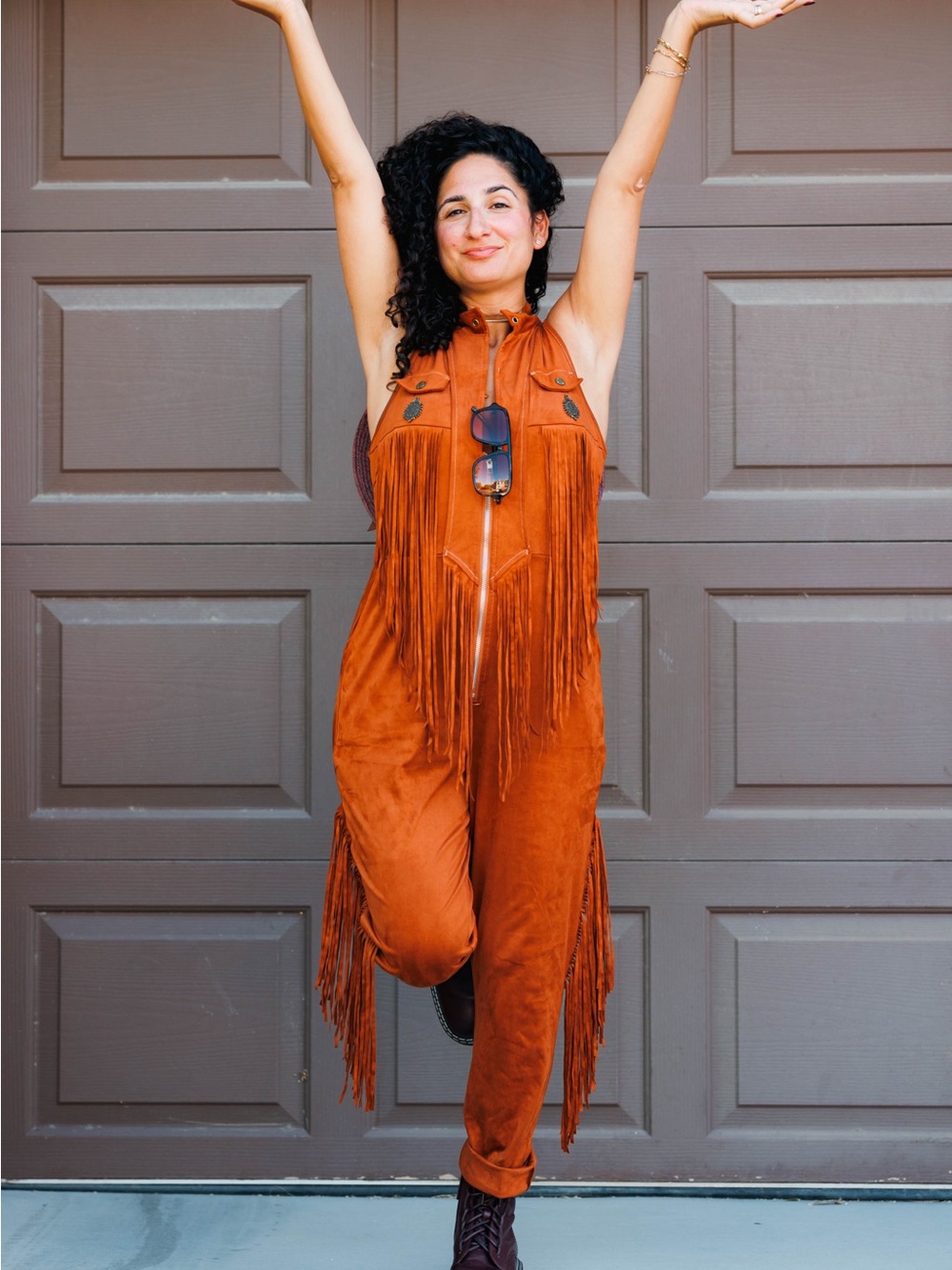 Stylish Tan Jumpsuit with Fringe Details
